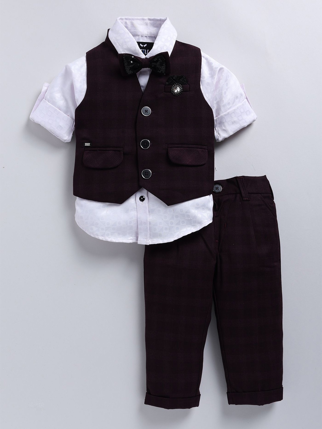 

LITTLE COLLARS Boys Checked Mandarin Collar Single Breasted 4 Piece Suit, Burgundy