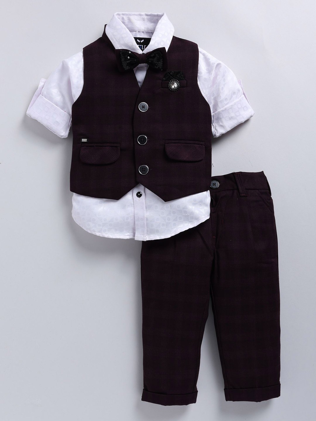 

LITTLE COLLARS Boys Single-Breasted Waistcoat With Trouser & Shirt 3-Pieces Suits, Maroon