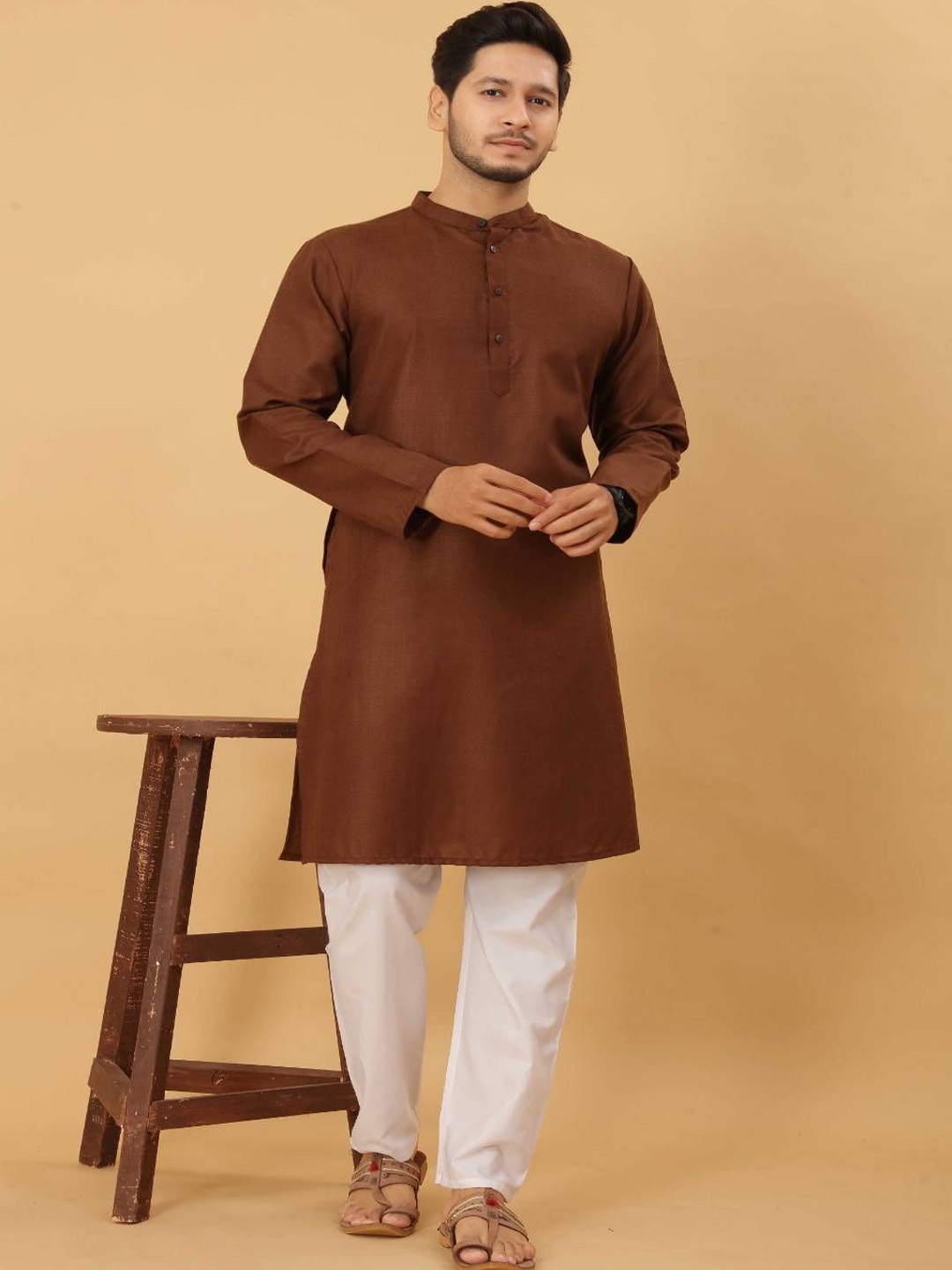 

Odd By Poshaak Band Collar Pure Cotton Straight Kurta With Pyjama, Brown