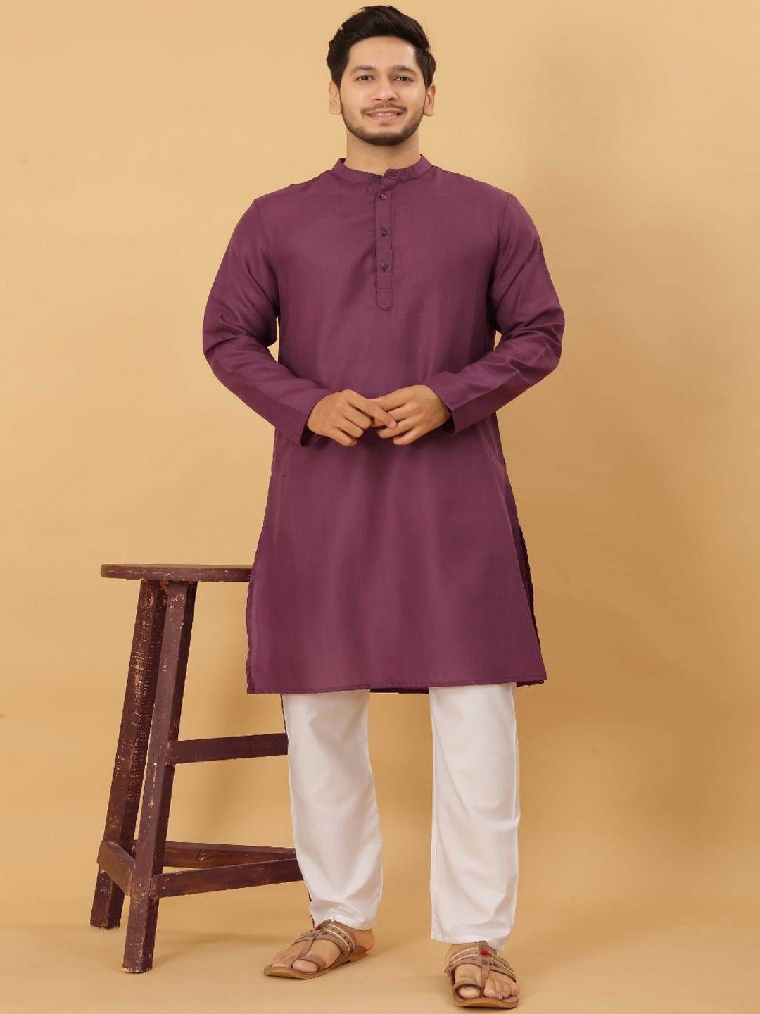 

Odd By Poshaak Band Collar Pure Cotton Straight Kurta With Pyjama, Burgundy