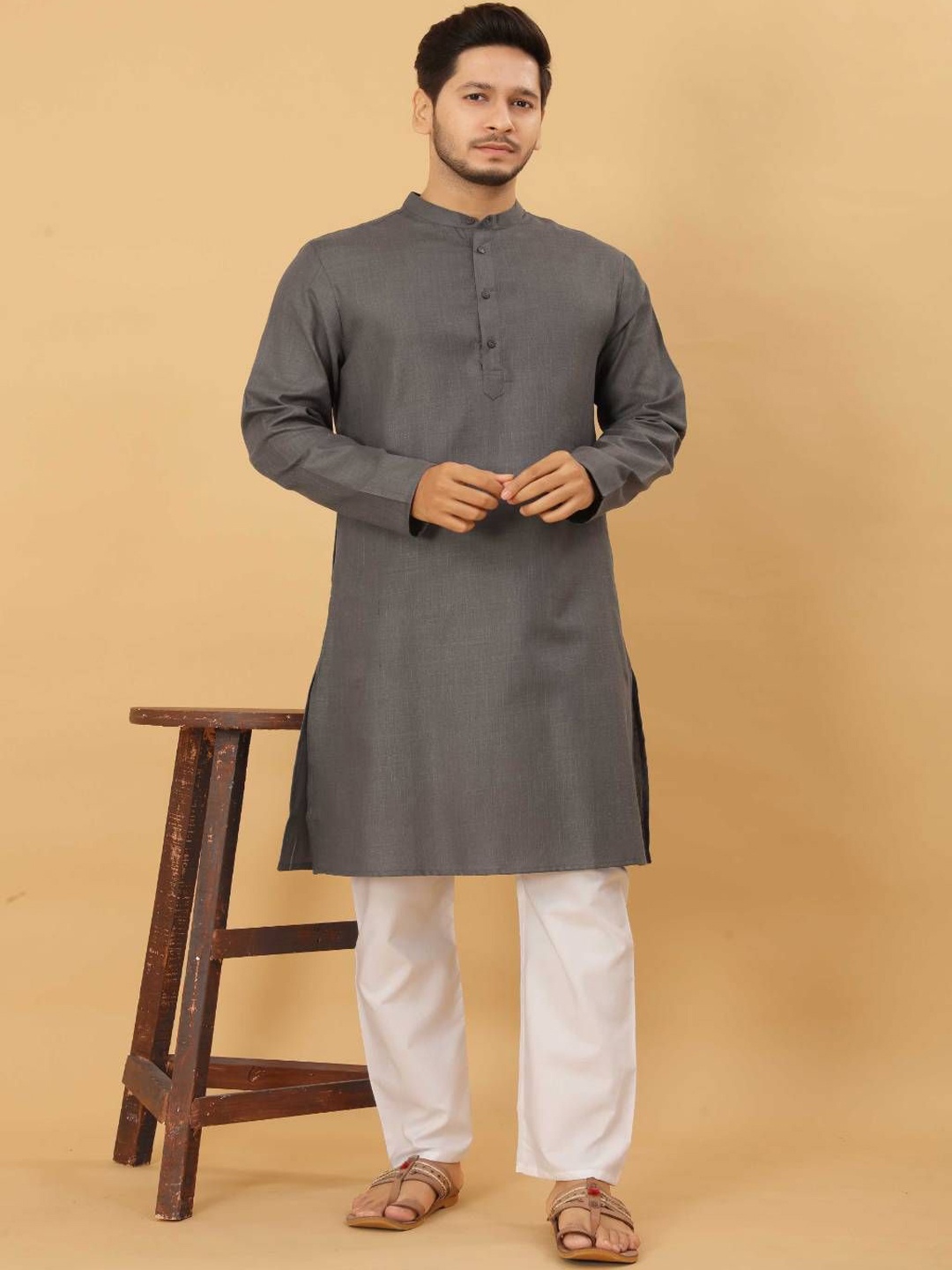 

Odd By Poshaak Band Collar Pure Cotton Straight Kurta With Pyjama, Grey