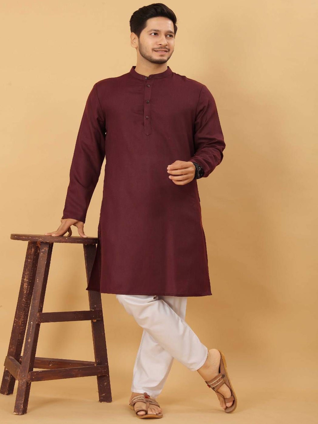 

Odd By Poshaak Band Collar Pure Cotton Straight Kurta With Pyjama, Maroon