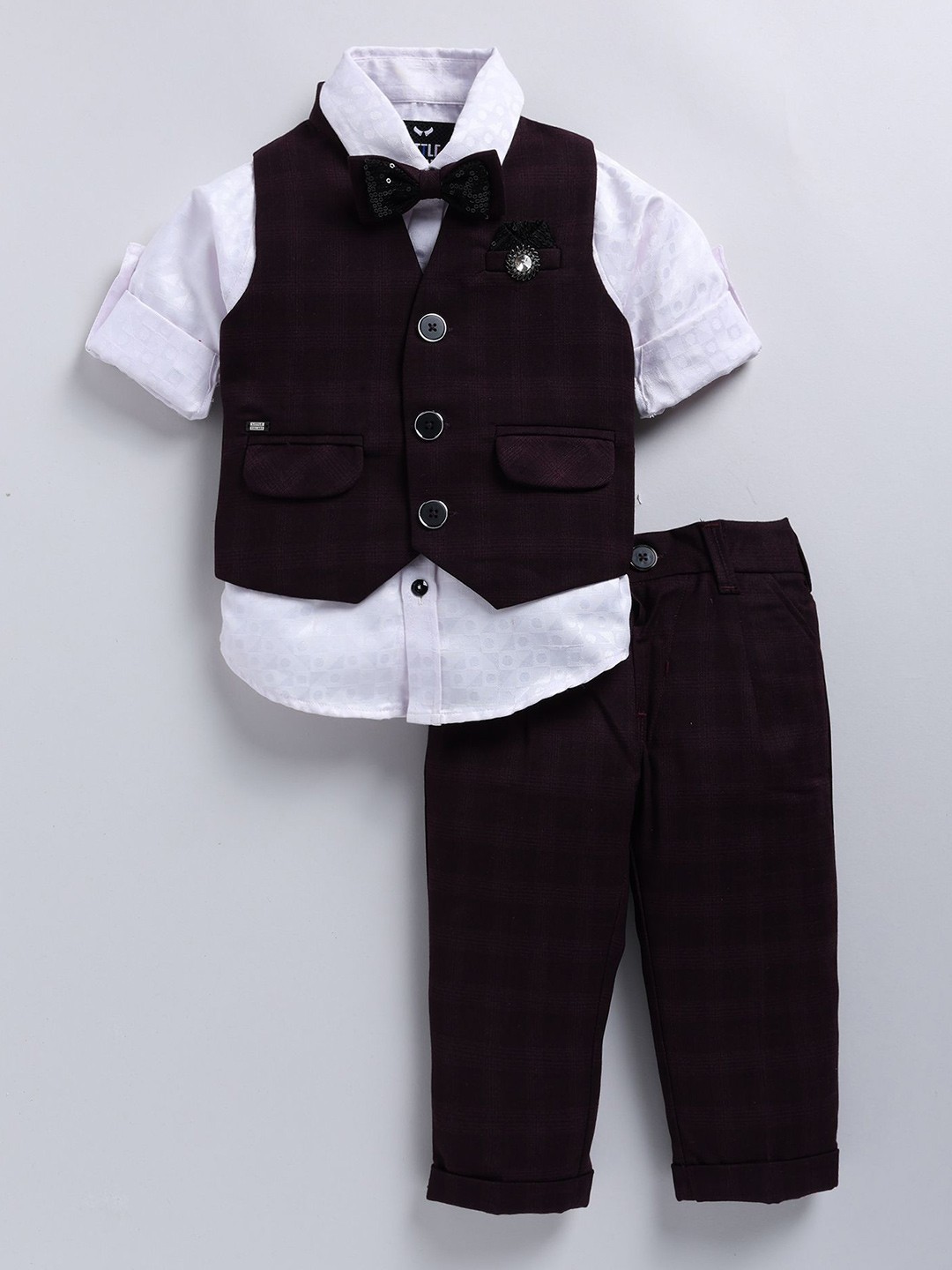

LITTLE COLLARS Boys Checked Mandarin Collar Single Breasted 4 Piece Suit, Burgundy