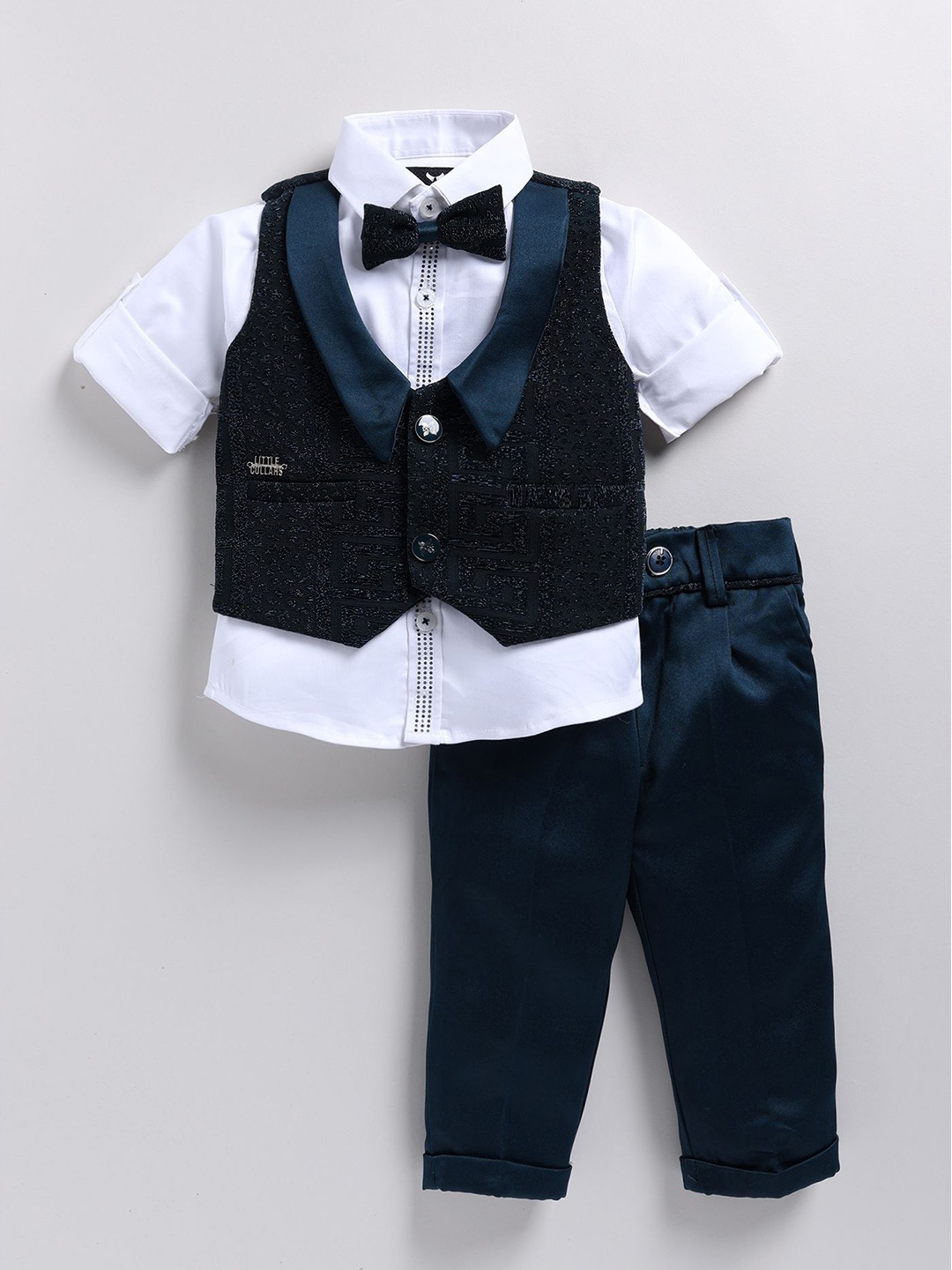 

LITTLE COLLARS Boys Self Design Shawl Collar Single Breasted Four-Piece Suit, Blue