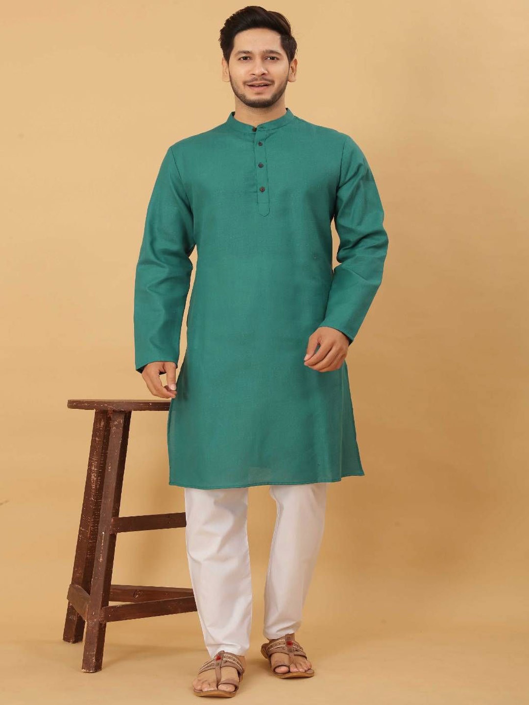 

Odd By Poshaak Band Collar Pure Cotton Straight Kurta With Pyjama, Teal