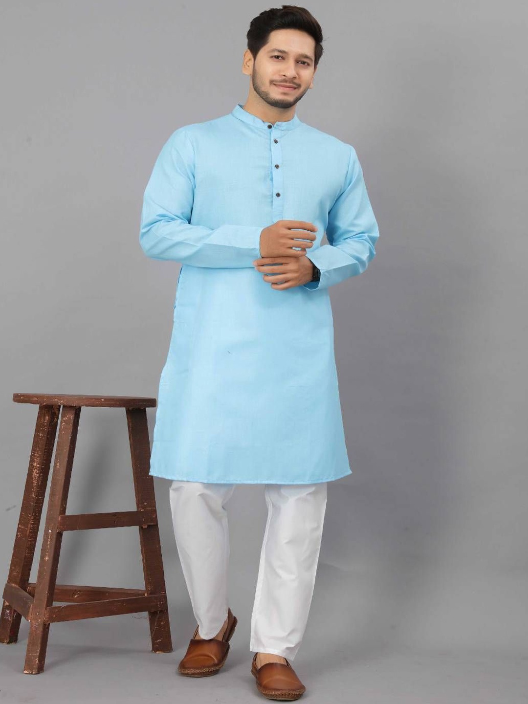 

Odd By Poshaak Band Collar Pure Cotton Straight Kurta With Pyjama, Blue