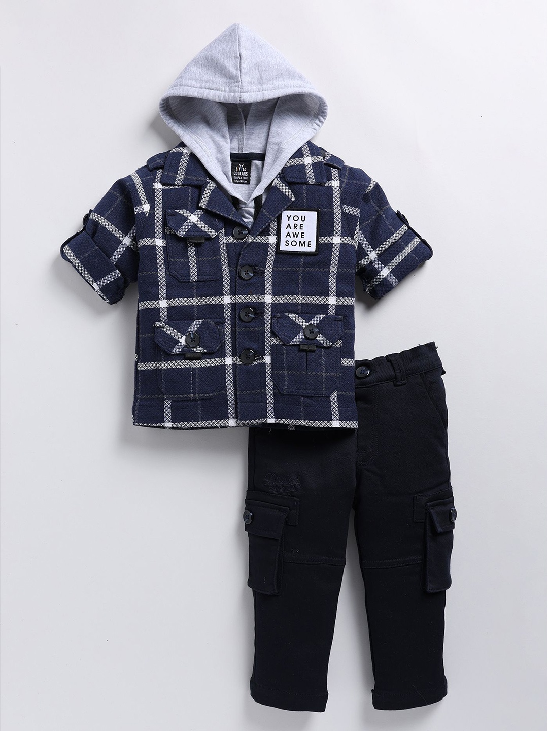 

LITTLE COLLARS Boys Checked Shirt Collar Pure Cotton Shirt And T-Shirt With Trouser, Blue