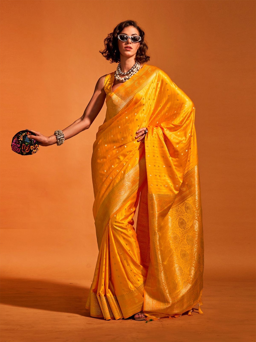 

ODETTE Yellow Satin Woven Saree With Unstitched Blouse For Women