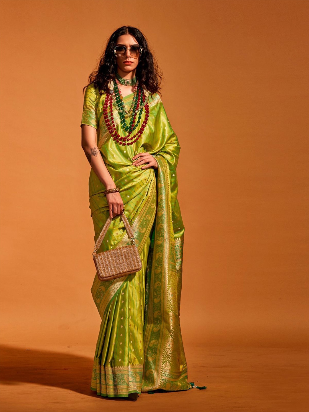 

ODETTE Woven Design Zari Satin Saree, Green