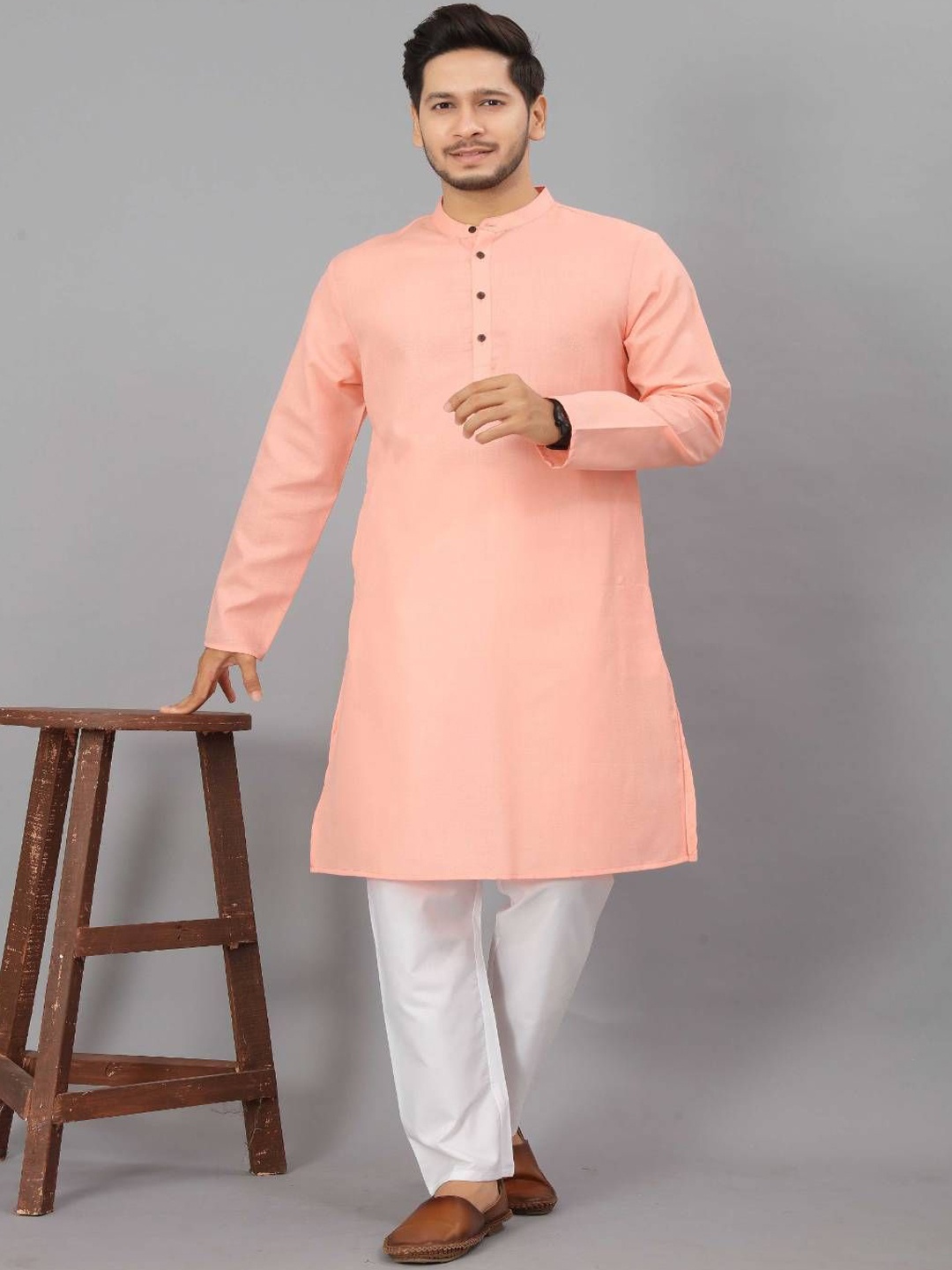 

Odd By Poshaak Band Collar Pure Cotton Straight Kurta With Pyjama, Peach