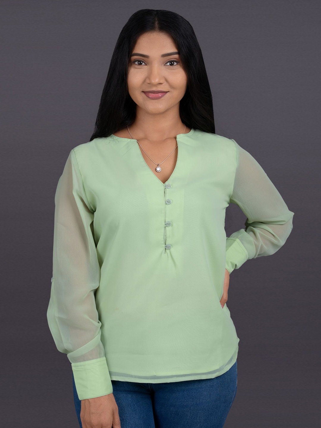 

La Aimee Women V- Neck Georgette Shirt Style Top, Green