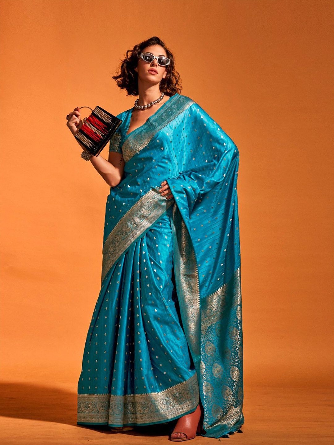

Odette Blue Satin Woven Saree With Unstitched Blouse For Women