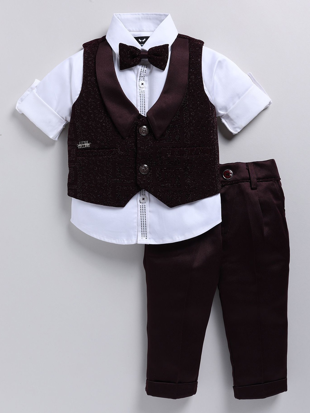 

LITTLE COLLARS Boys Self Design Shawl Collar Single Breasted Four-Piece Suit, Maroon