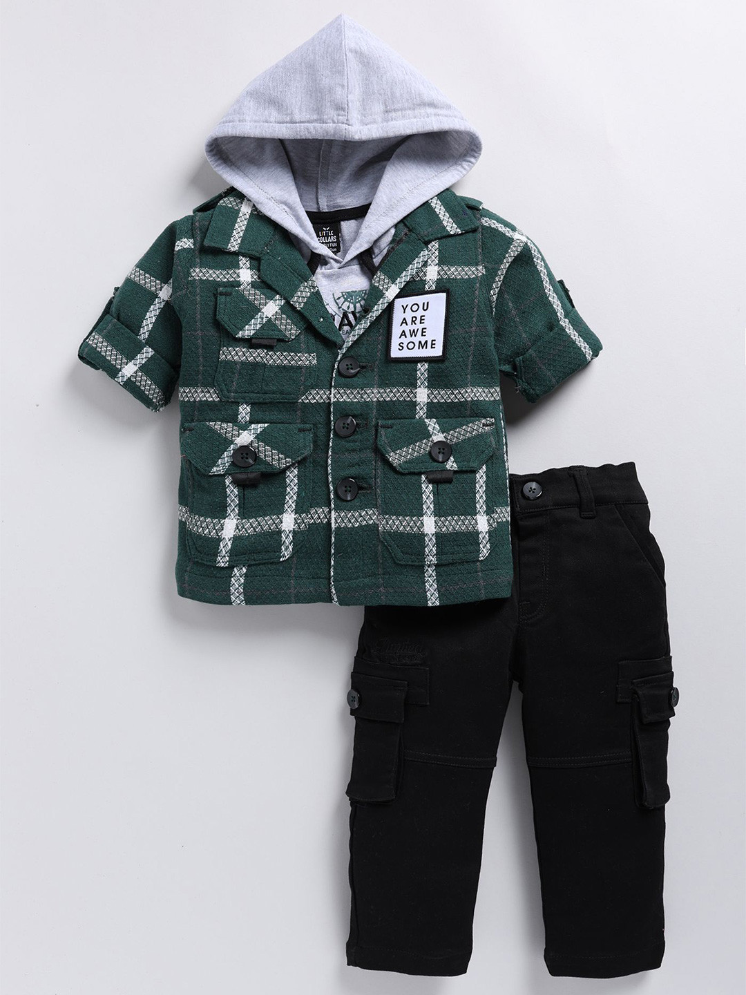

LITTLE COLLARS Boys Checked Shirt Collar Pure Cotton Shirt And T-Shirt With Trouser, Green