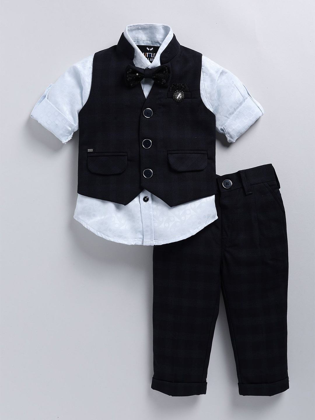 

LITTLE COLLARS Boys Checked Mandarin Collar Single Breasted 4 Piece Suit, Navy blue