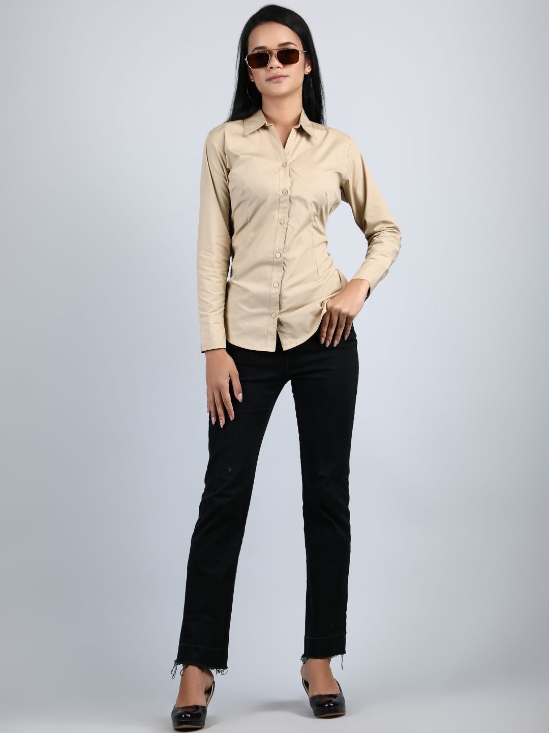 

Blue Ronin Women Standard Fit Spread Collar Solid Cotton Formal Shirt, Beige