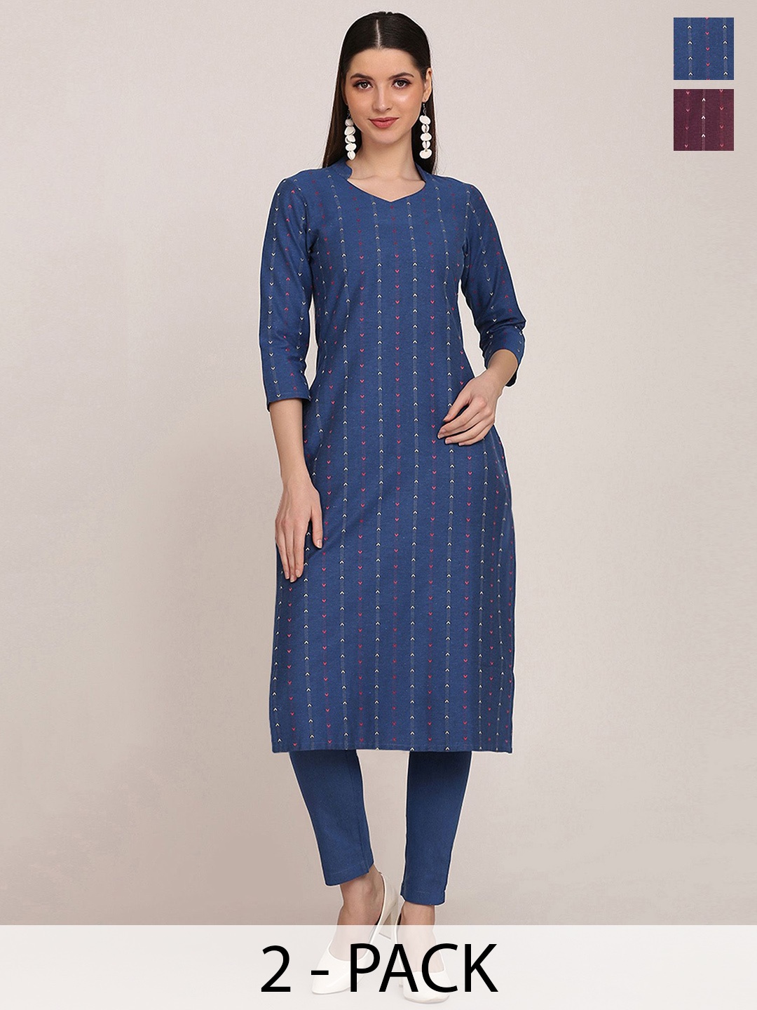 

KALINI Selection Of 2 Woven Design Mandarin Collar Straight Kurtas With Trousers, Navy blue