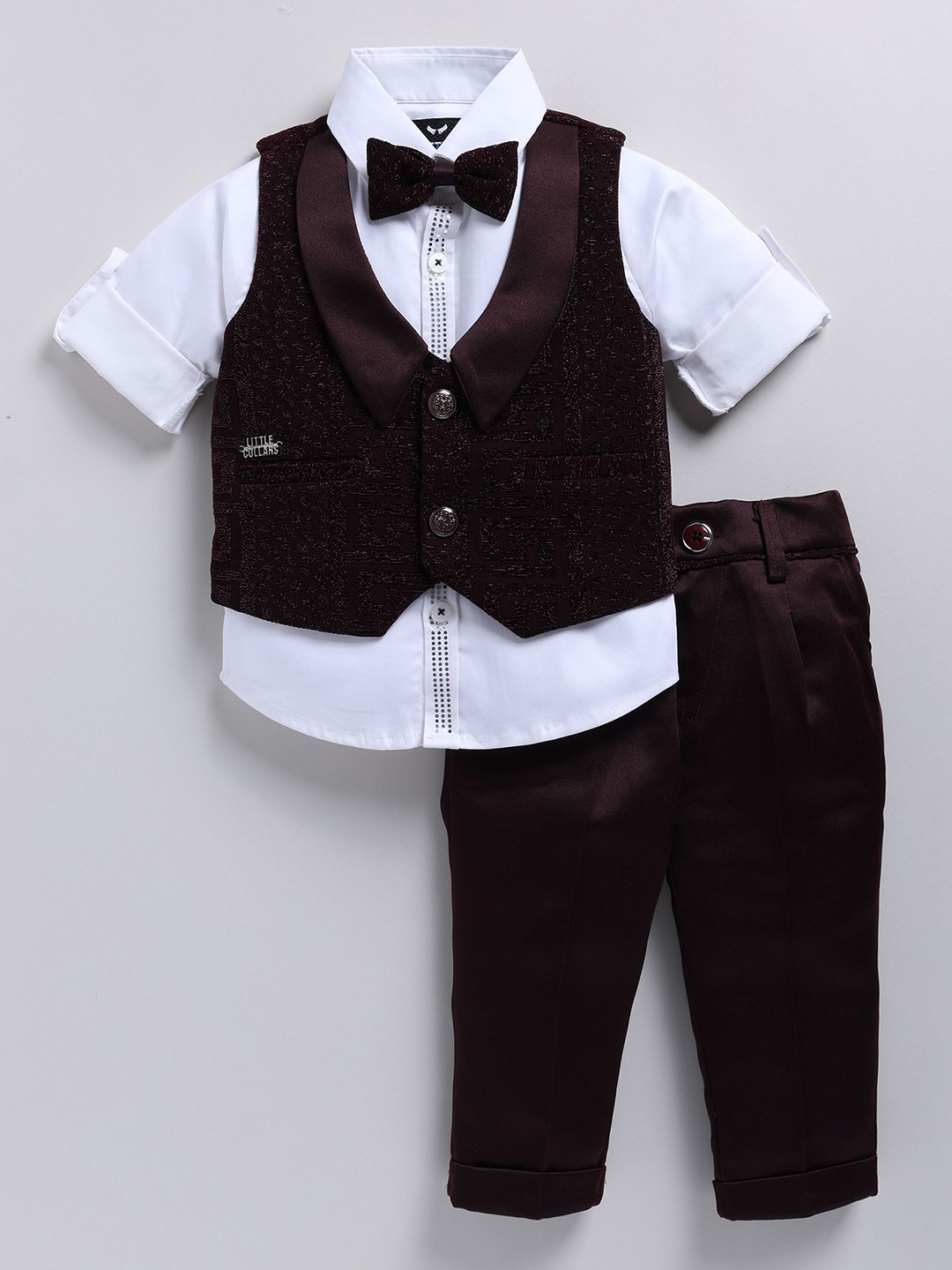 

LITTLE COLLARS Boys Self Design Shawl Collar Single Breasted Four-Piece Suit, Maroon