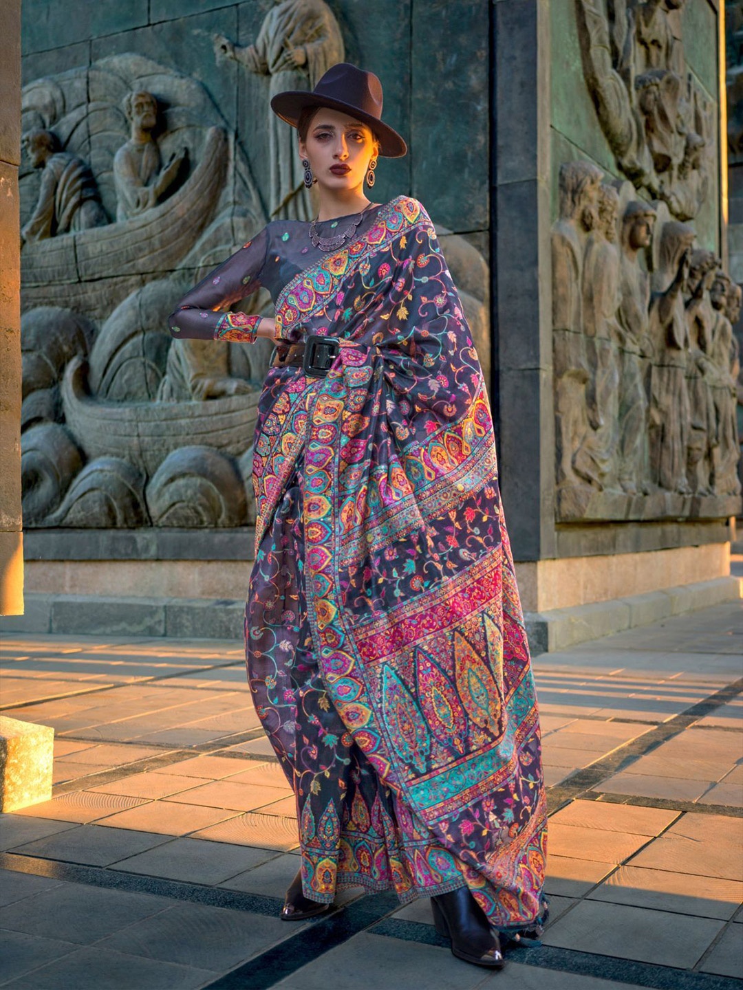 

ODETTE Grey Organza Woven Saree With Unstitched Blouse For Women