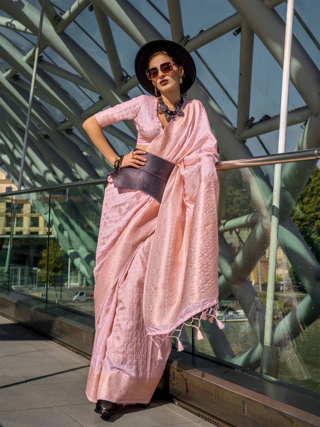 

ODETTE Light Pink Silk Blend Woven Saree With Unstitched Blouse For Women