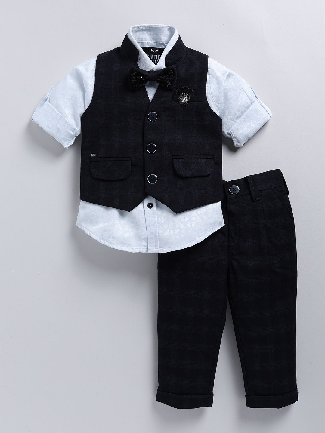 

LITTLE COLLARS Boys Checked Mandarin Collar Single Breasted 4 Piece Suit, Navy blue