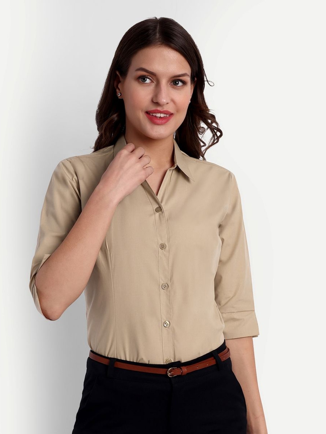 

Blue Ronin Women Standard Fit Spread Collar Solid Cotton Formal Shirt, Beige