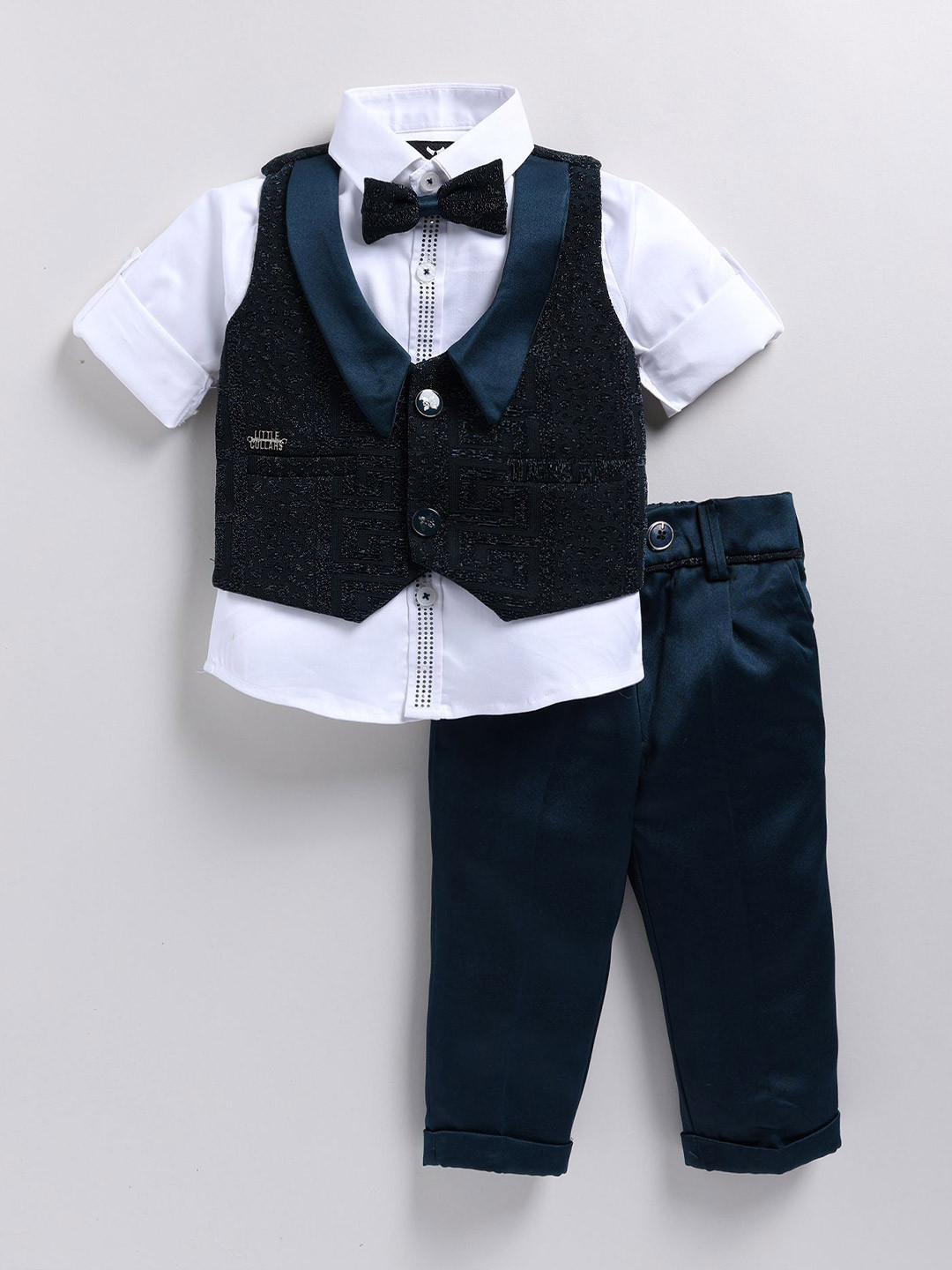 

LITTLE COLLARS Boys Self Design Shawl Collar Single Breasted Four-Piece Suit, Blue