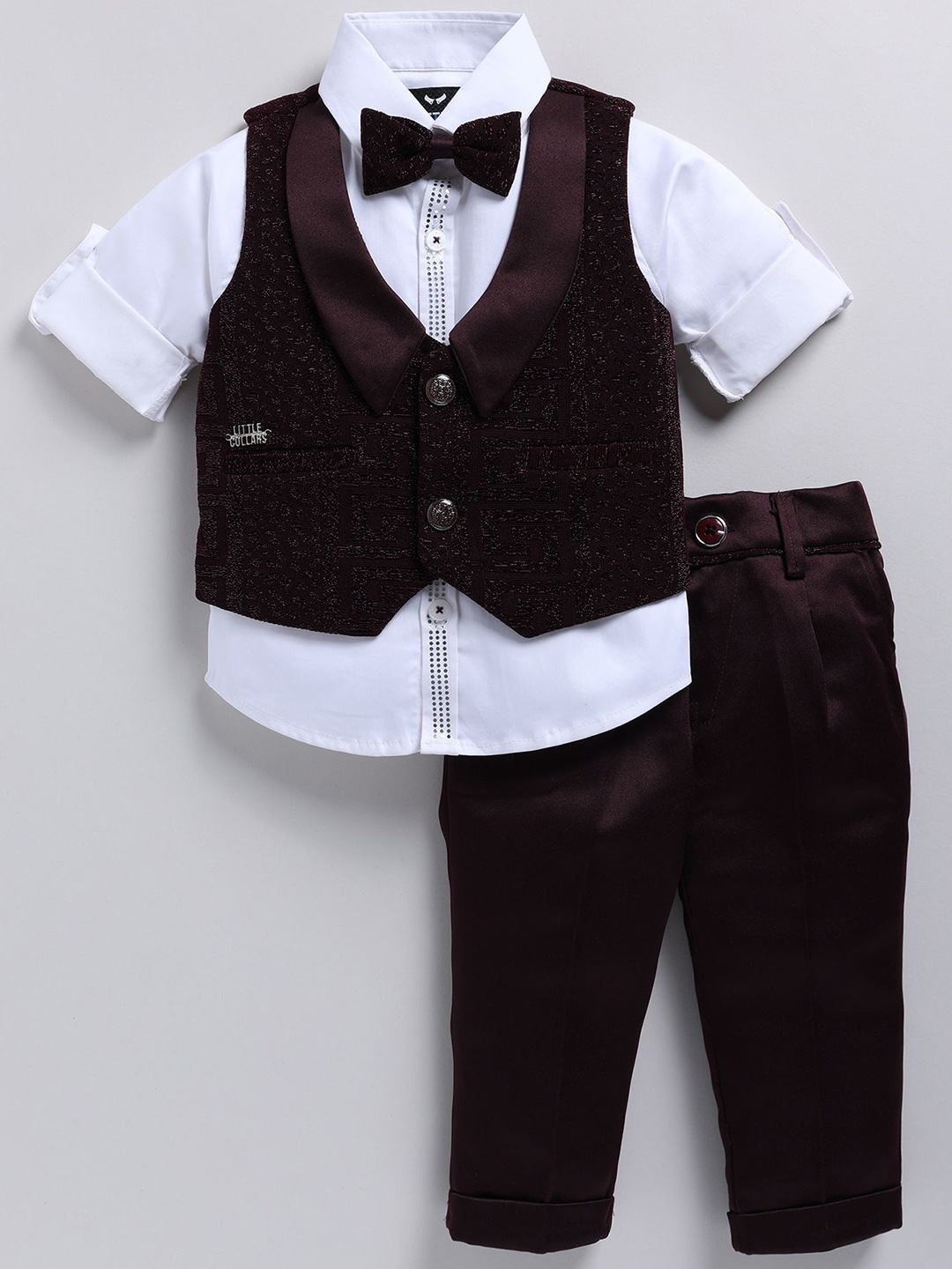 

LITTLE COLLARS Boys Self Design Shawl Collar Single Breasted Four-Piece Suit, Maroon