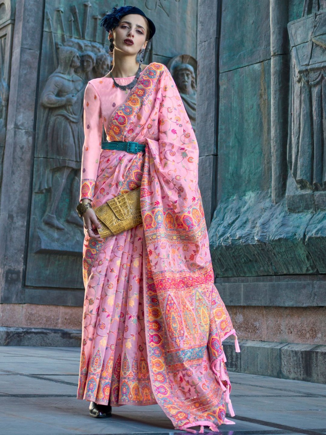 

ODETTE Pink Organza Woven Saree With Unstitched Blouse For Women