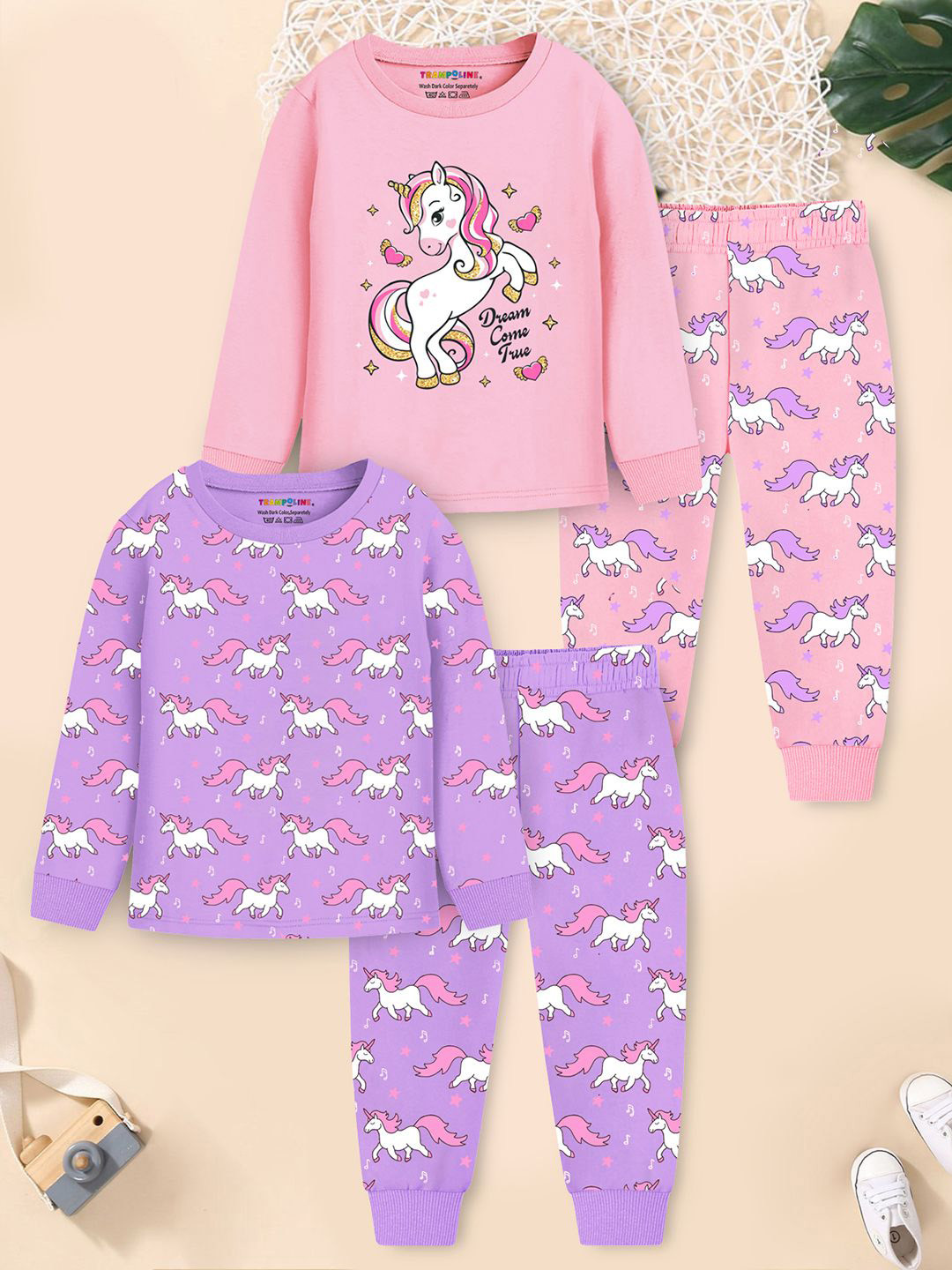 

YK X Trampoline Kids Pack Of 2 Graphic Printed Pure Cotton Night suit, Purple