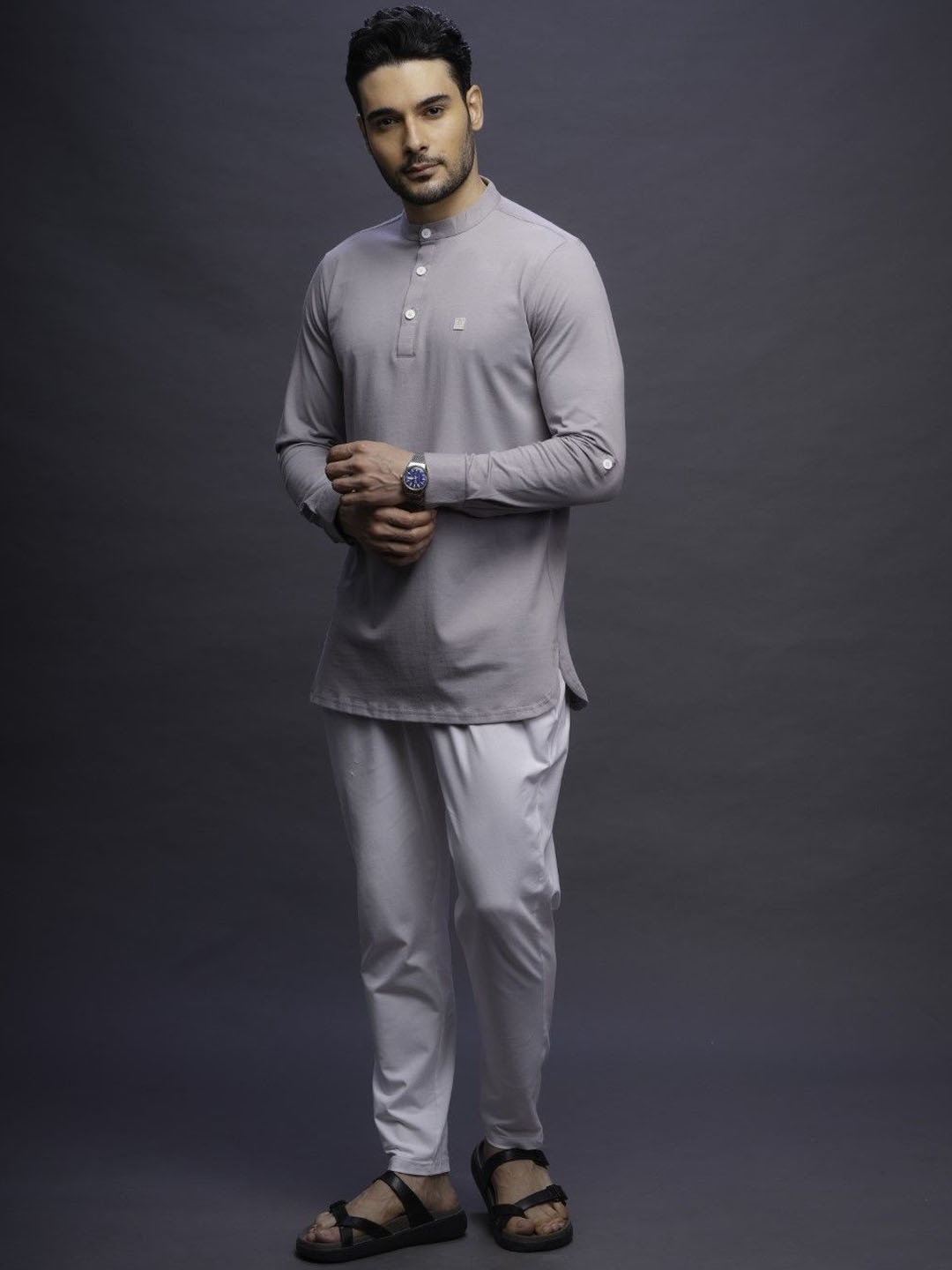 

MASHROO Band Collar Straight Kurta With Pyjamas, Grey