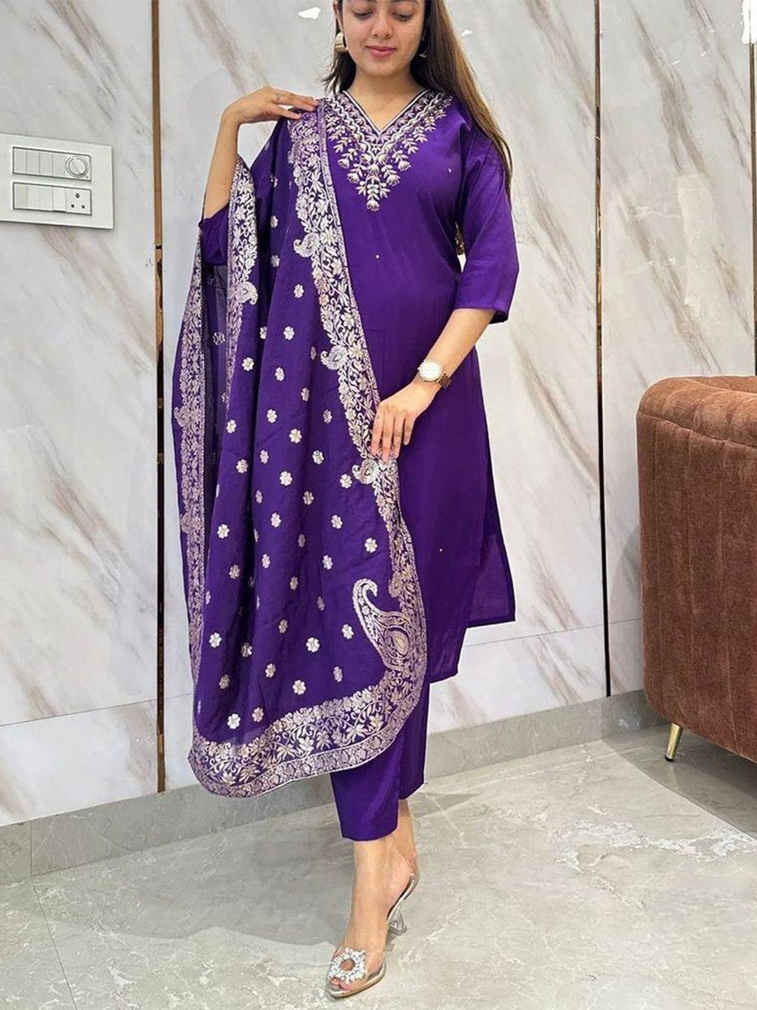 

Lilots Floral Embroidered Beads and Stones Chanderi Silk Kurta With Trouser And Dupatta, Purple