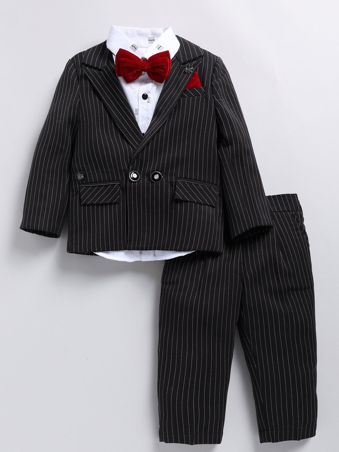 

LITTLE COLLARS Boys Striped Notched Lapel Collar Double Breasted 4 Piece Suit, Black