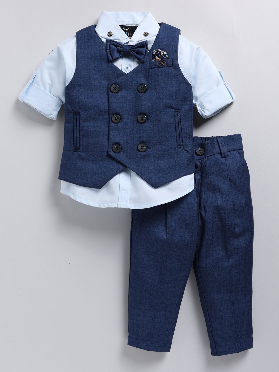 

LITTLE COLLARS Boys Checked V-Neck Double-Breasted 4 Piece Suit, Blue