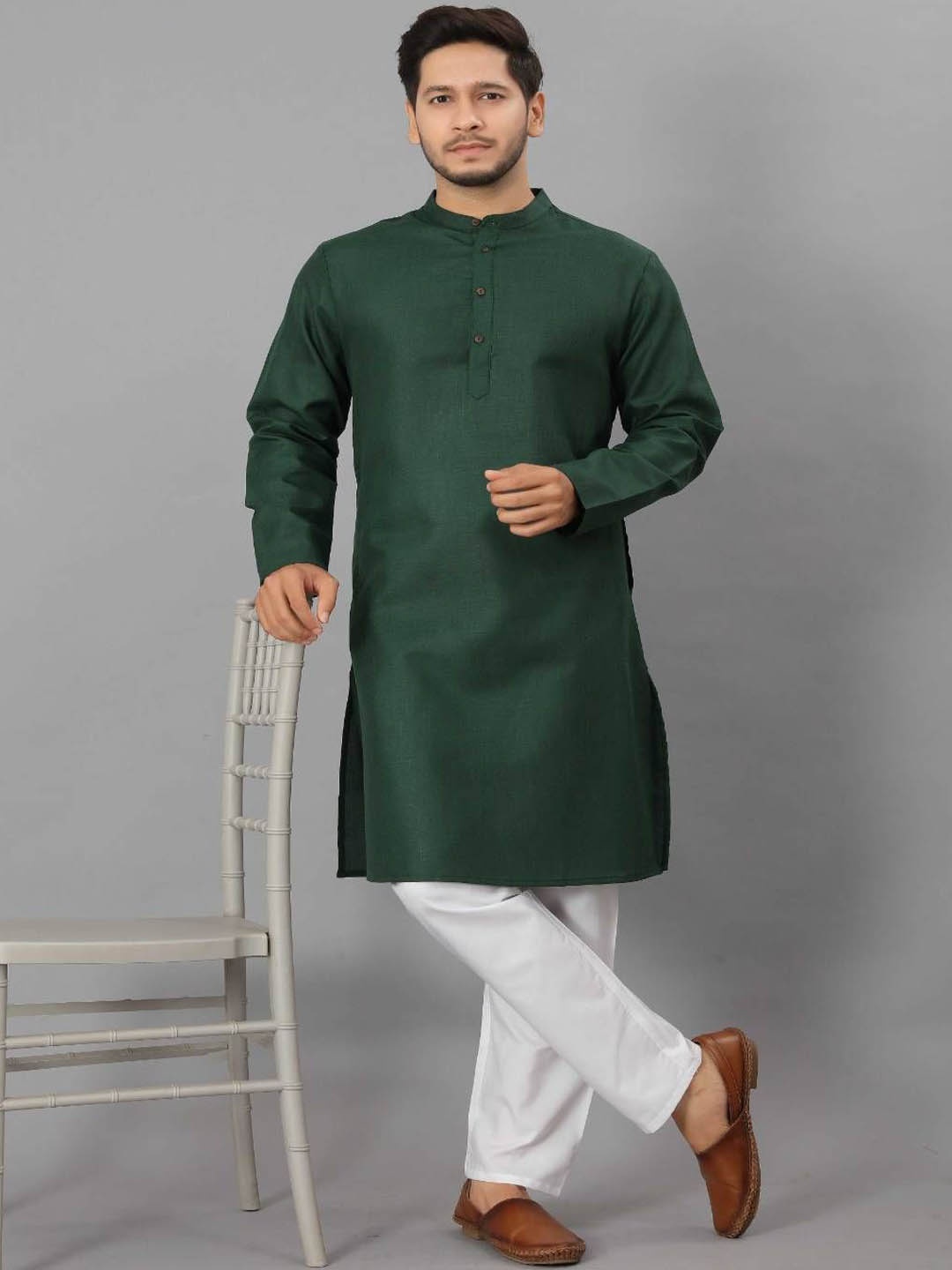 

Odd By Poshaak Band Collar Pure Cotton Straight Kurta With Pyjama, Green