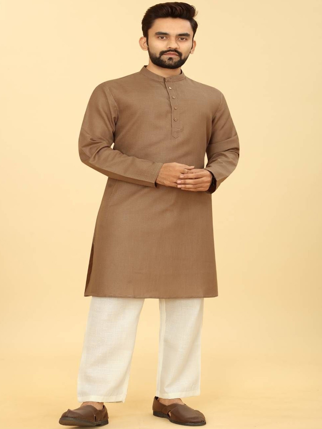 

Odd By Poshaak Band Collar Pure Cotton Straight Kurta With Pyjama, Brown