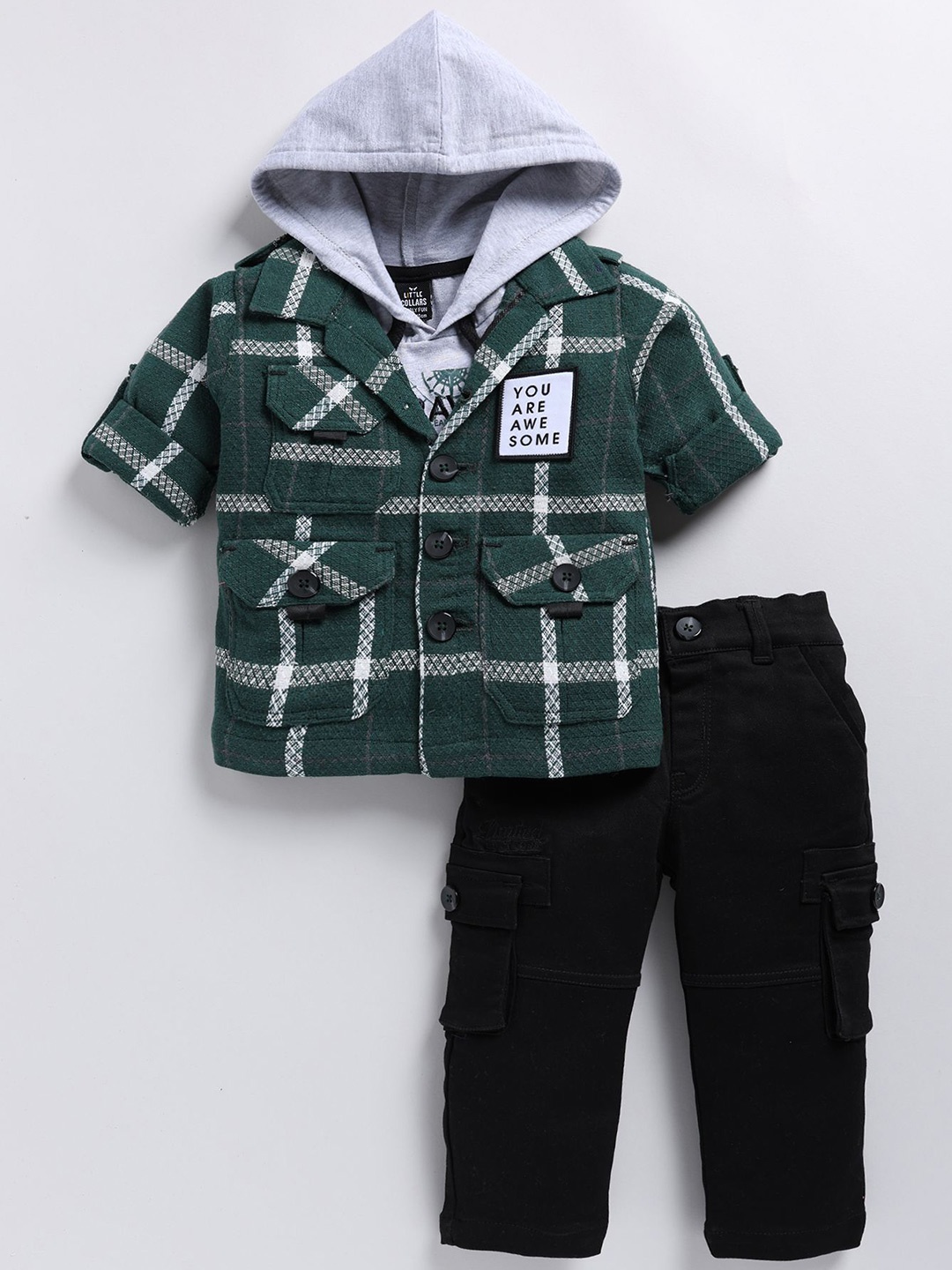 

LITTLE COLLARS Boys Checked Shirt Collar Pure Cotton Shirt And T-Shirt With Trouser, Green