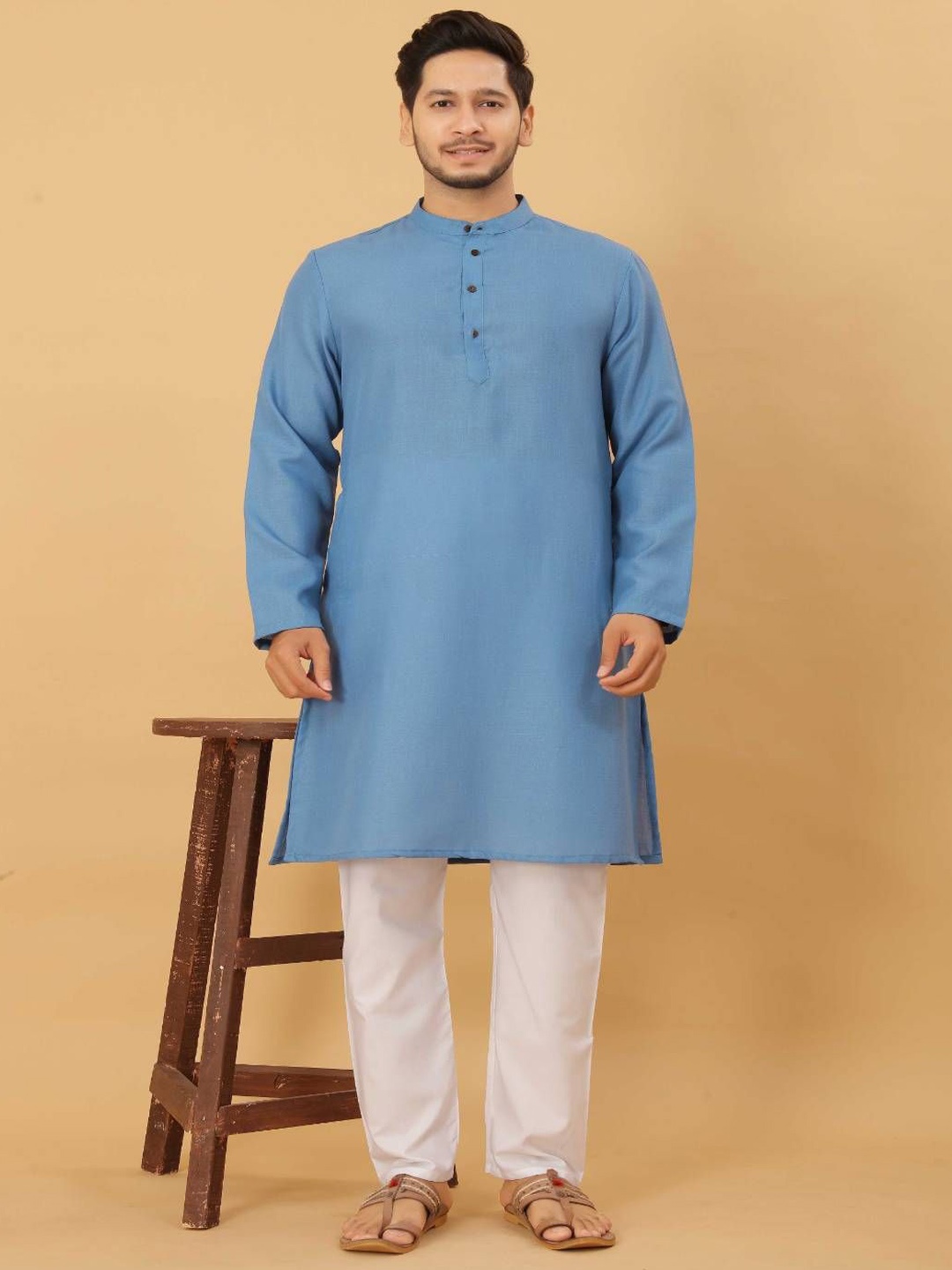 

Odd By Poshaak Band Collar Pure Cotton Straight Kurta With Pyjama, Blue