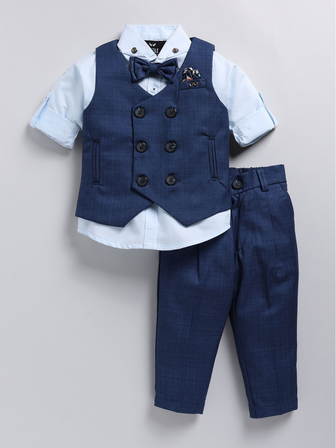 

LITTLE COLLARS Boys Checked V-Neck Double-Breasted 4 Piece Suit, Blue