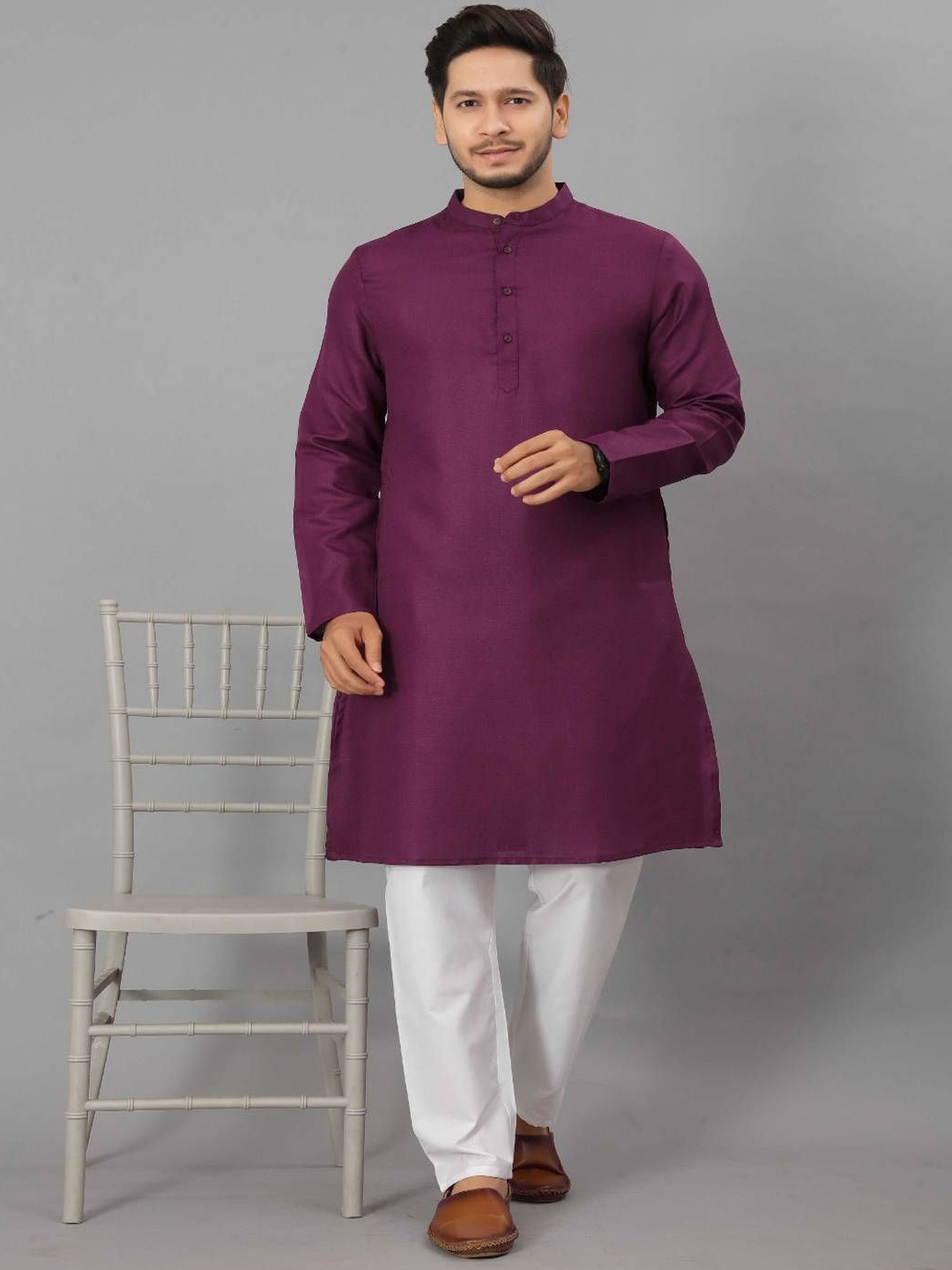 

Odd By Poshaak Band Collar Pure Cotton Straight Kurta With Pyjama, Burgundy