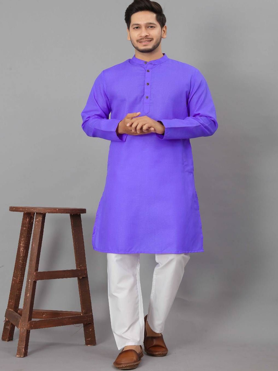 

Odd By Poshaak Band Collar Pure Cotton Straight Kurta With Pyjama, Violet