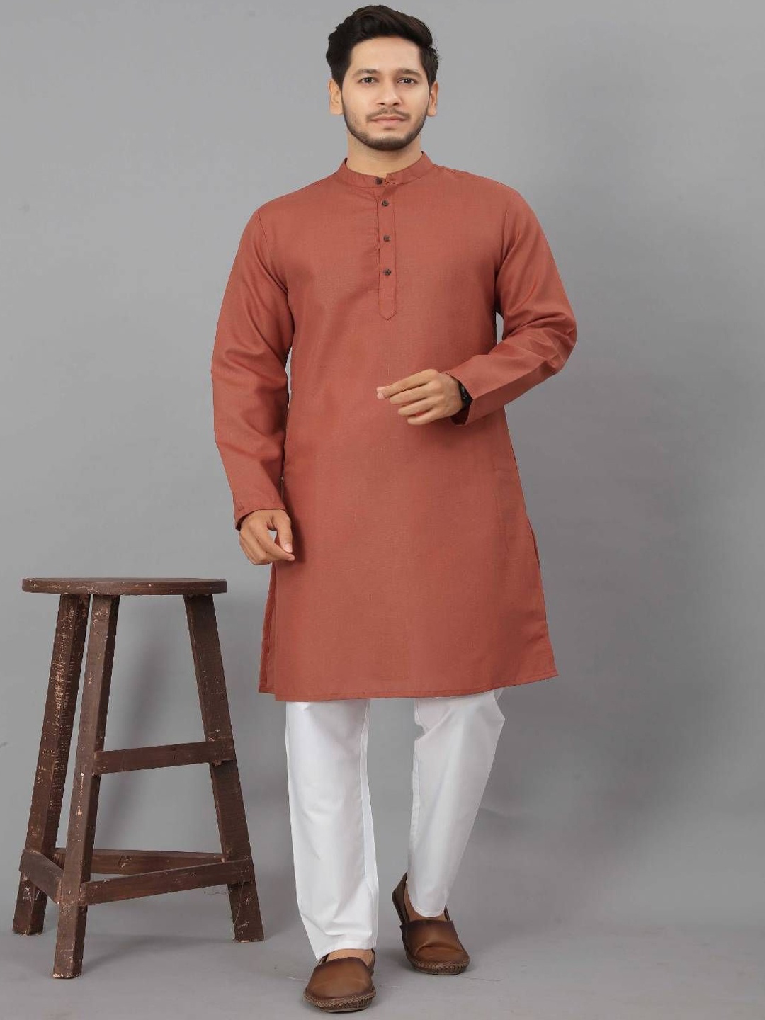 

Odd By Poshaak Band Collar Pure Cotton Straight Kurta With Pyjama, Rust