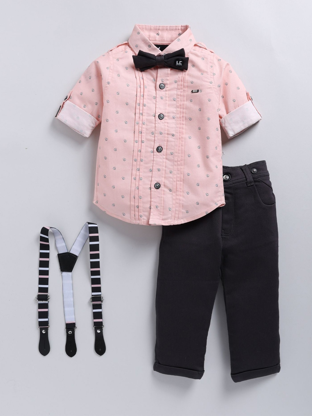 

LITTLE COLLARS Boys Printed Shirt Collar Pure Cotton Shirt & Trouser & Suspender & Bow, Peach