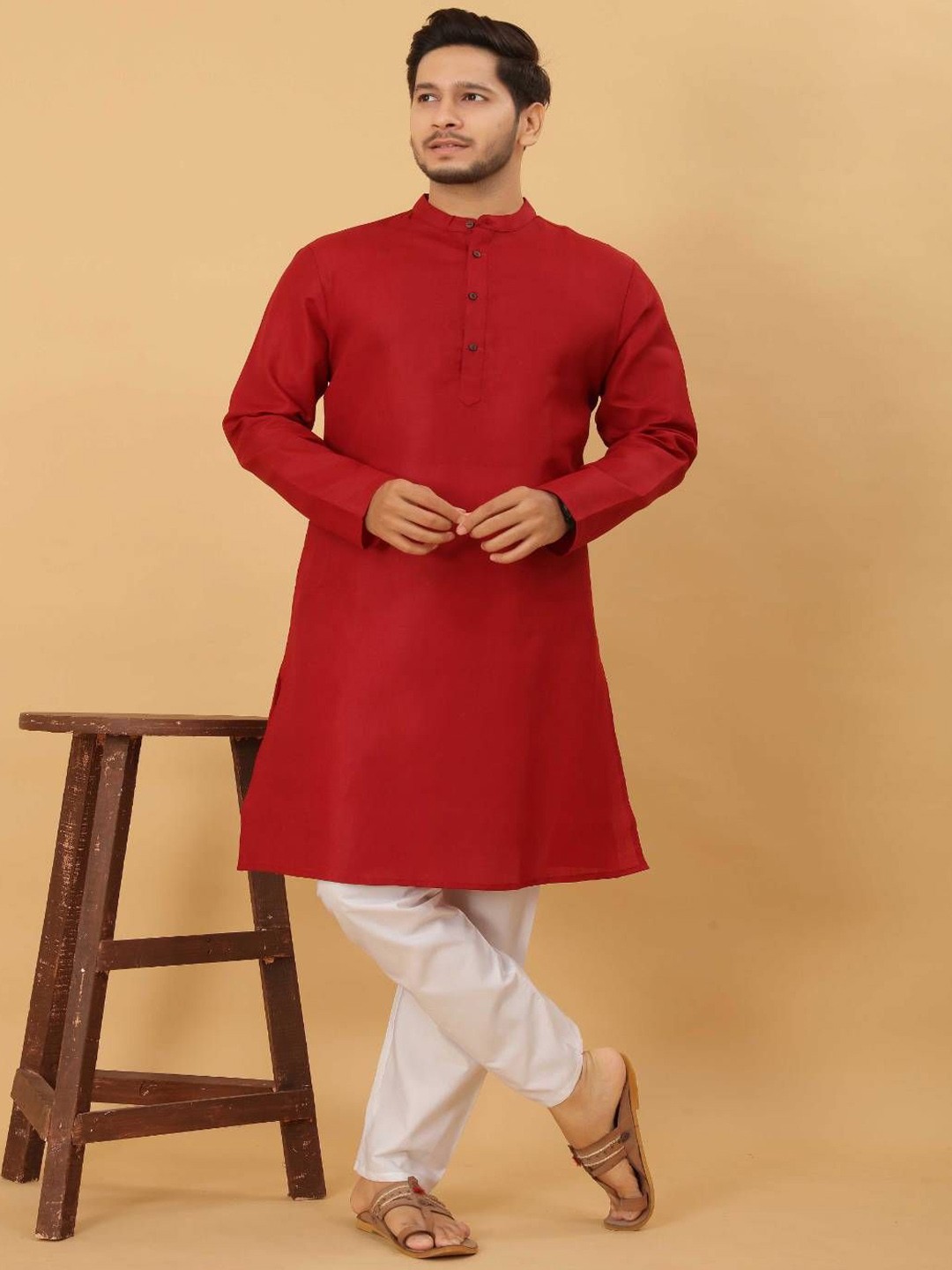 

Odd By Poshaak Band Collar Pure Cotton Straight Kurta With Pyjama, Red