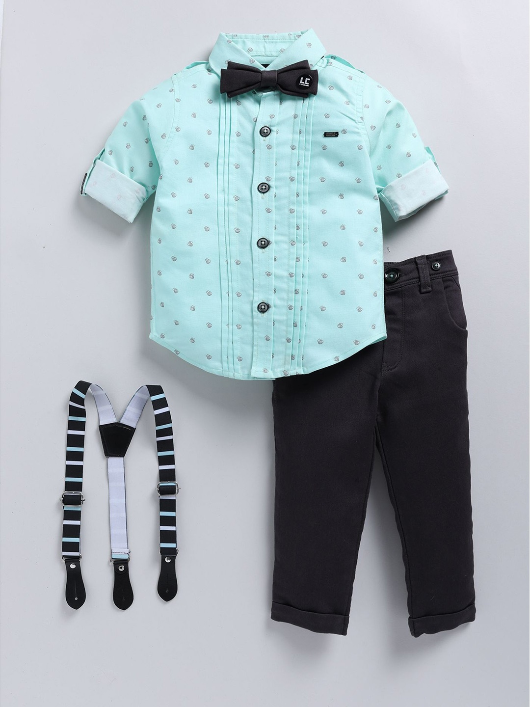 

LITTLE COLLARS Boys Printed Shirt Collar Pure Cotton Shirt & Trouser & Suspender & Bow, Green