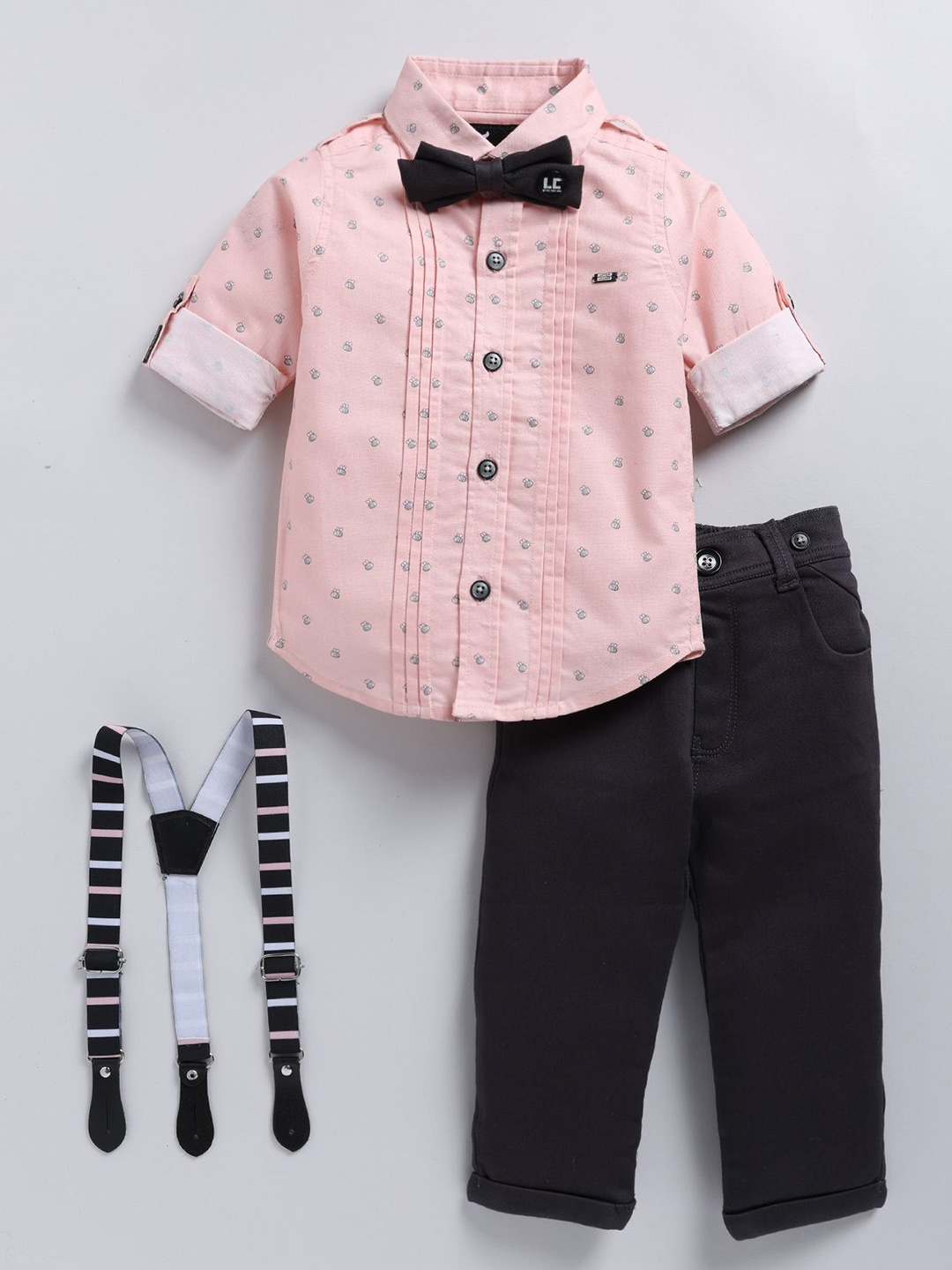 

LITTLE COLLARS Boys Printed Shirt Collar Pure Cotton Shirt & Trouser & Suspender & Bow, Peach