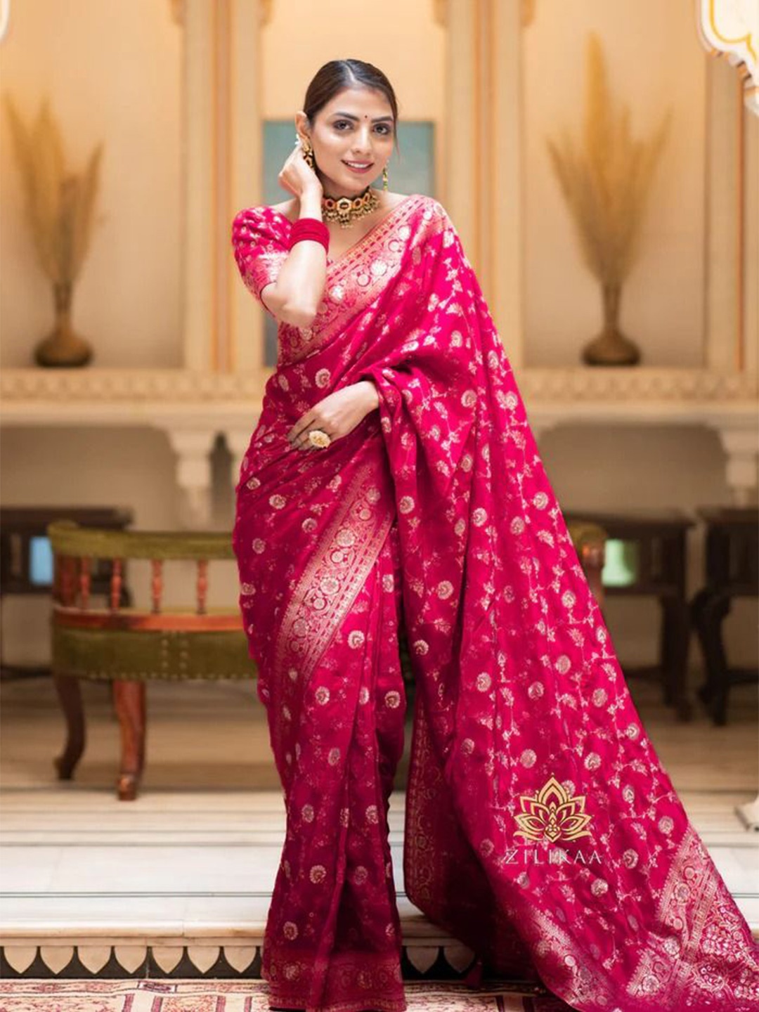 

ZIKARAA Ethnic Motifs Woven Design Zari Pure Silk Saree, Pink