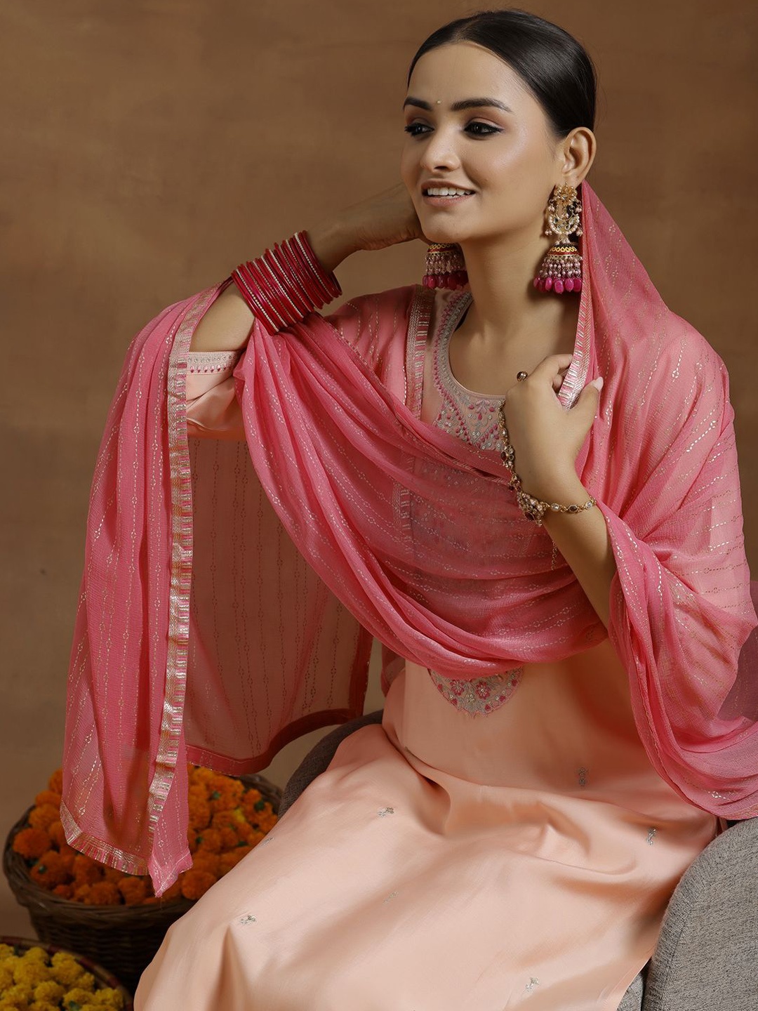 

Libas Ethnic Embroidered Sequinned U-Neck Straight Kurta with Trouser And Dupatta, Peach