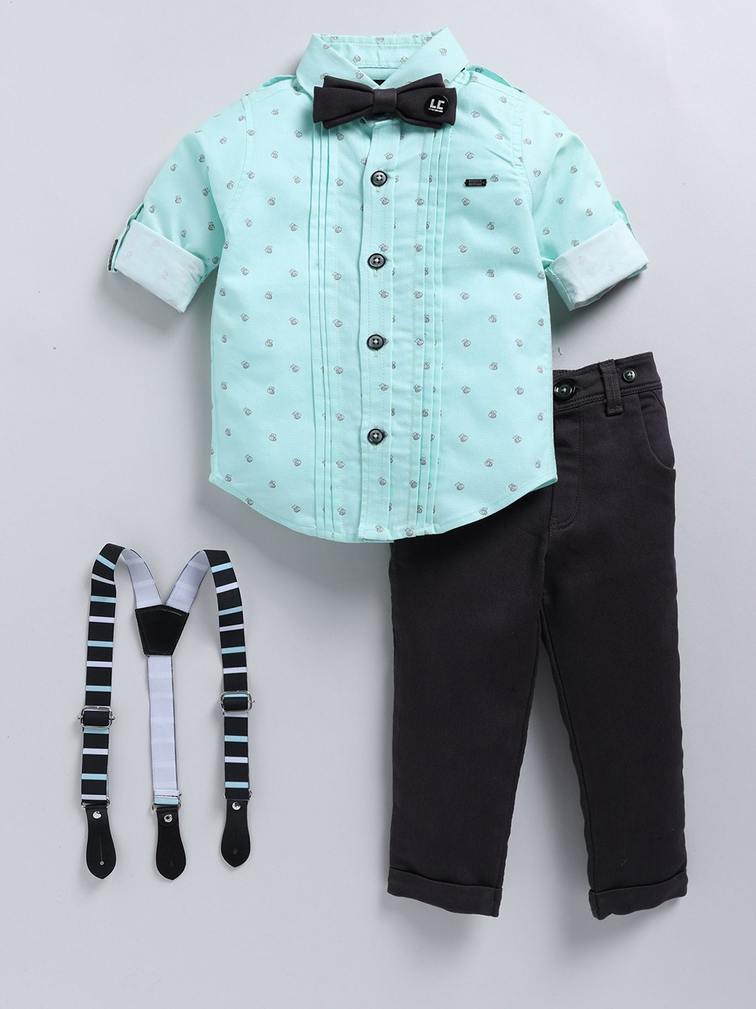 

LITTLE COLLARS Boys Printed Shirt Collar Pure Cotton Shirt & Trouser & Suspender & Bow, Blue