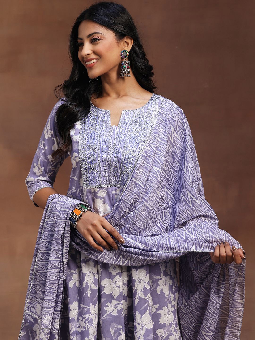 

Libas Floral Printed Sequined Embroidered Pure Cotton Kurta With Churidar And Dupatta, Lavender